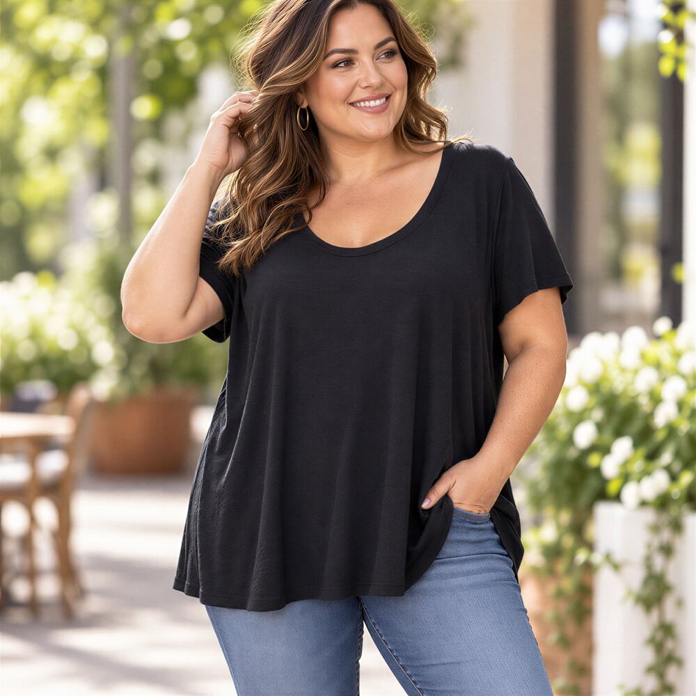 Susina Black Cotton Modal T-Shirt Women 1X Minimalist Capsule Loungewear Relaxed